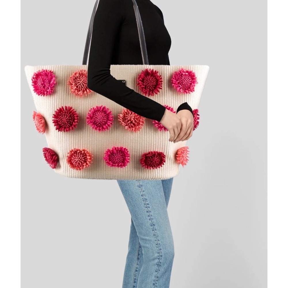 Kate Spade Anabette Woven Raffia Floral Pom Pom Large Tote Bag Pink Red